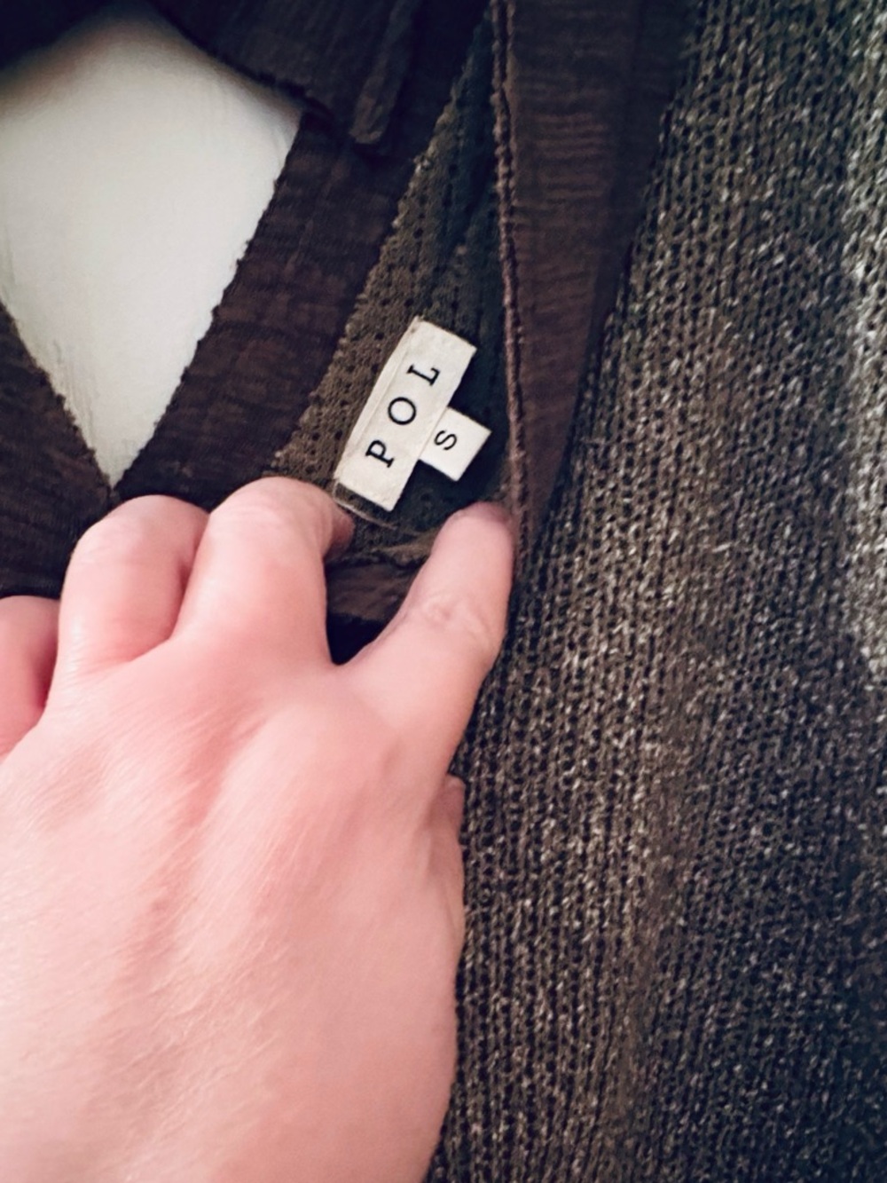 POL Patchwork V-Neck Sweater in Brown, Olive and Taupe - Picture 3 of 5